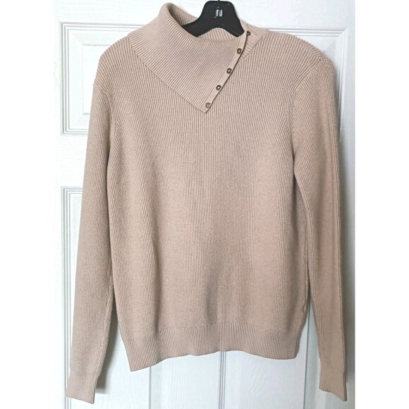 Chelsea & Theador Ribbed Sweater Split Turtle Neck Sz Medium Beige Gold Buttons - Picture 1 of 7